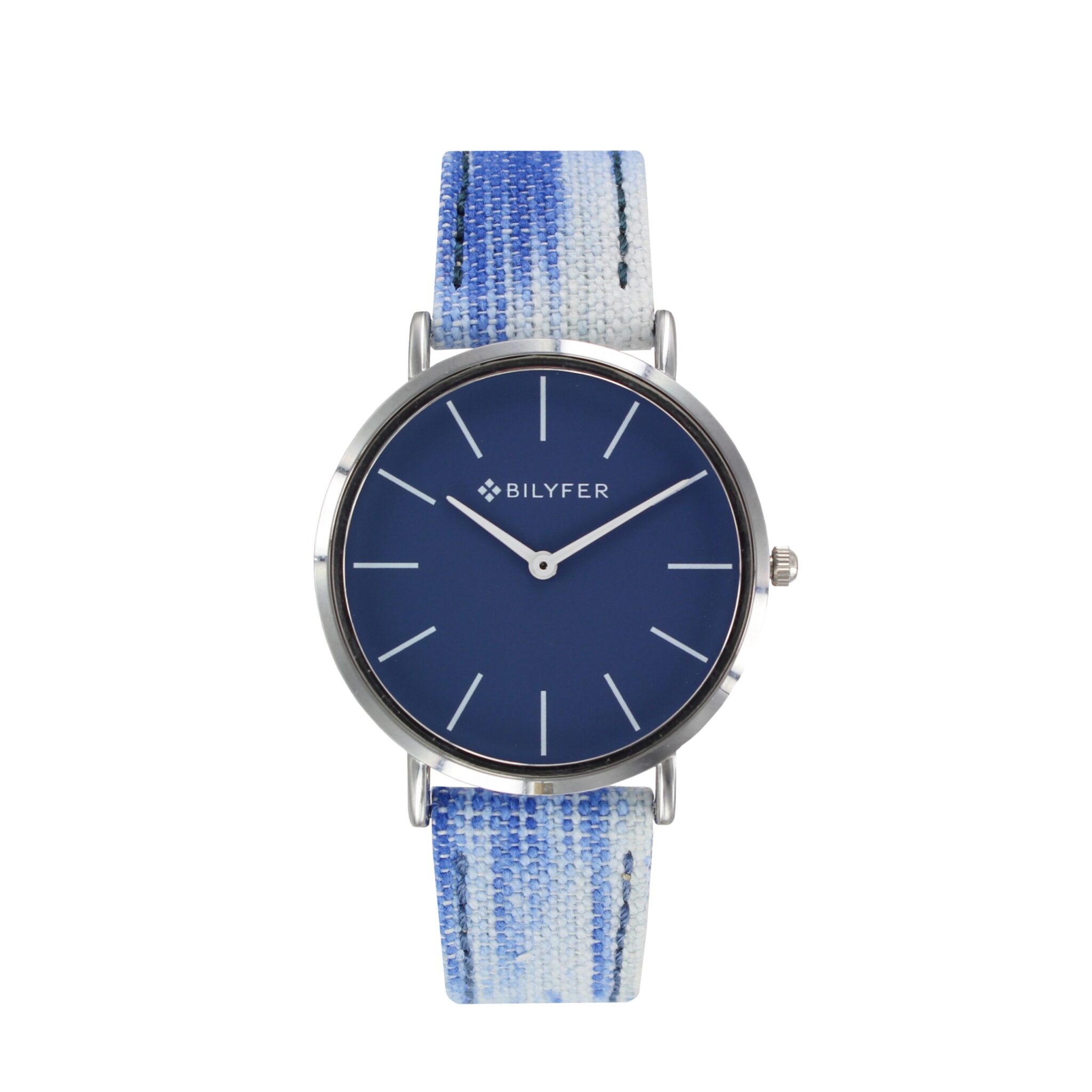 RELOJ CORREA TELA IKAT DIBUJO Y PIEL AZUL