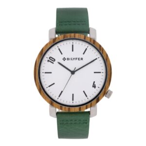 RELOJ MADERA ZEBRANO ACERO Y CORREA PIEL VERDE
