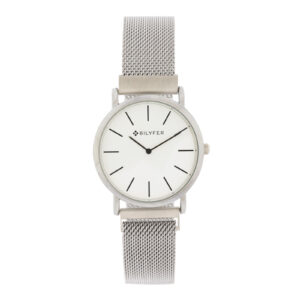 RELOJ PLATEADO ESFERA BLANCA INDICES 3ATM W/R CON MALLA Y CIERRE DE IMAN.