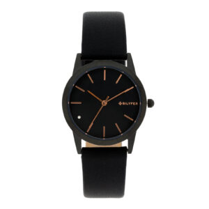 Bilyfer watch with 33mm steel case and strap with leather interior with indexes and zirconia