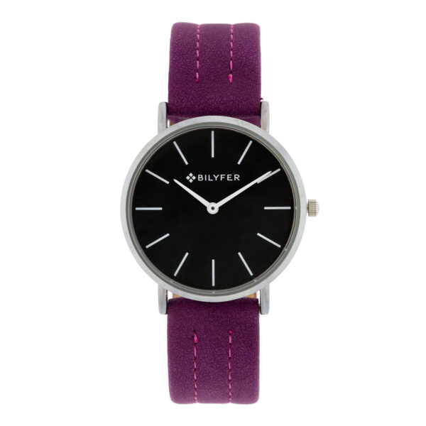 Reloj Bilyfer 36mm esfera negra correa lila cosida