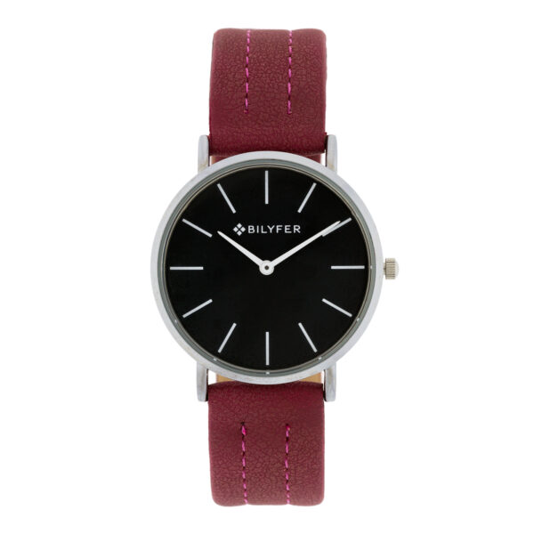Bilyfer watch with 36mm case black dial stitched pink strap