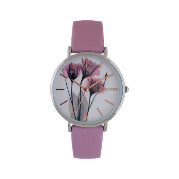 PINK WATCH WITH INDEXES AND BOUQUET OF FLOWERS