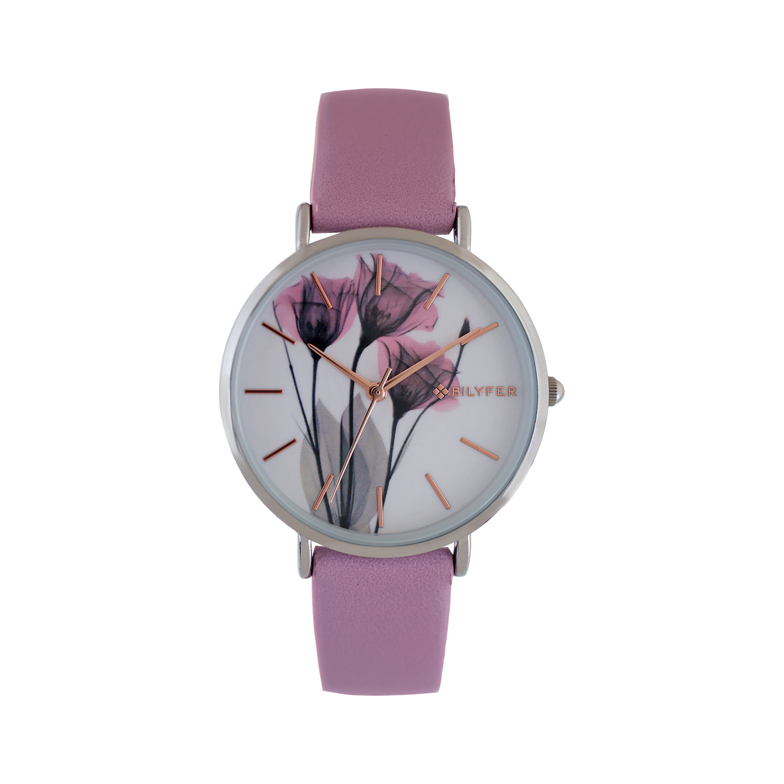 RELOJ ROSA CON ÍNDICES Y RAMILLETE DE FLORES