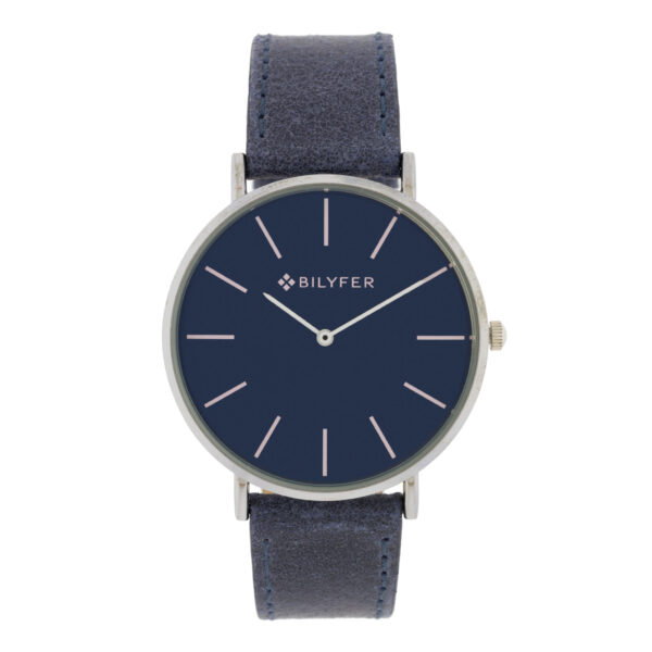 Reloj azul clásico con índices correa de piel caja de 42mm