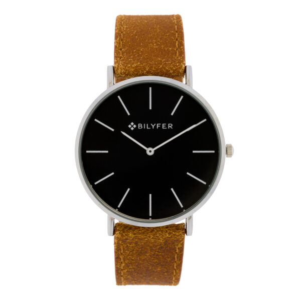 Classic cámel and black watch with leather strap indexes 42mm case