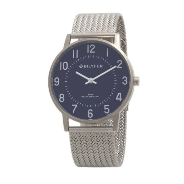 Steel watch 5 ATM waterproof with blue dial and Arabic numbers