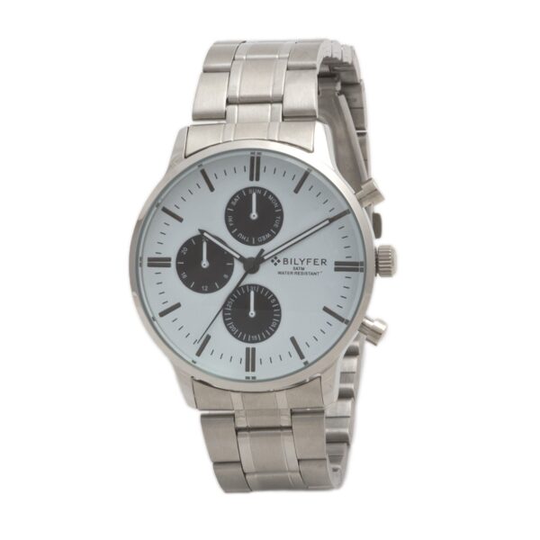 multifunction watch with steel case and band ,5atm water resistant with white dial with small black dials