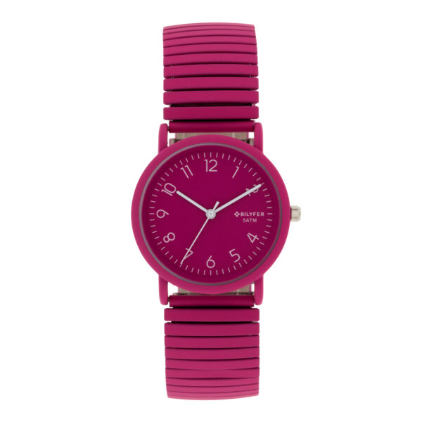 RELOJ 33MM BANDA EXTENSIBLE ACERO CON COLOR 5ATM SUMERGIBLE FUCSIA