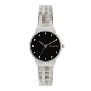 32MM SILVER WATCH WITH STONES IN THE INDEXES BLACK DIAL