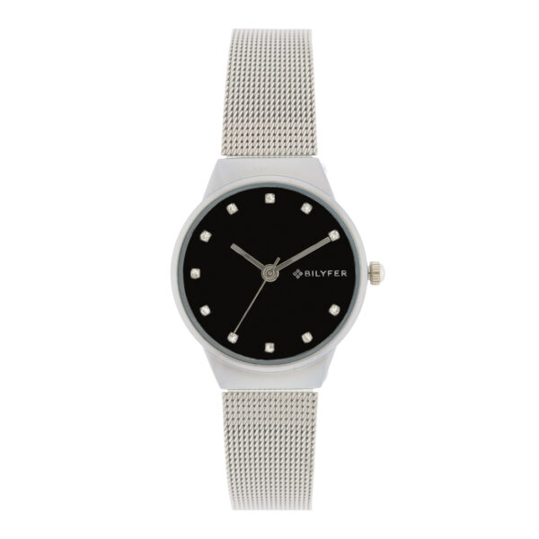 32MM SILVER WATCH WITH STONES IN THE INDEXES BLACK DIAL