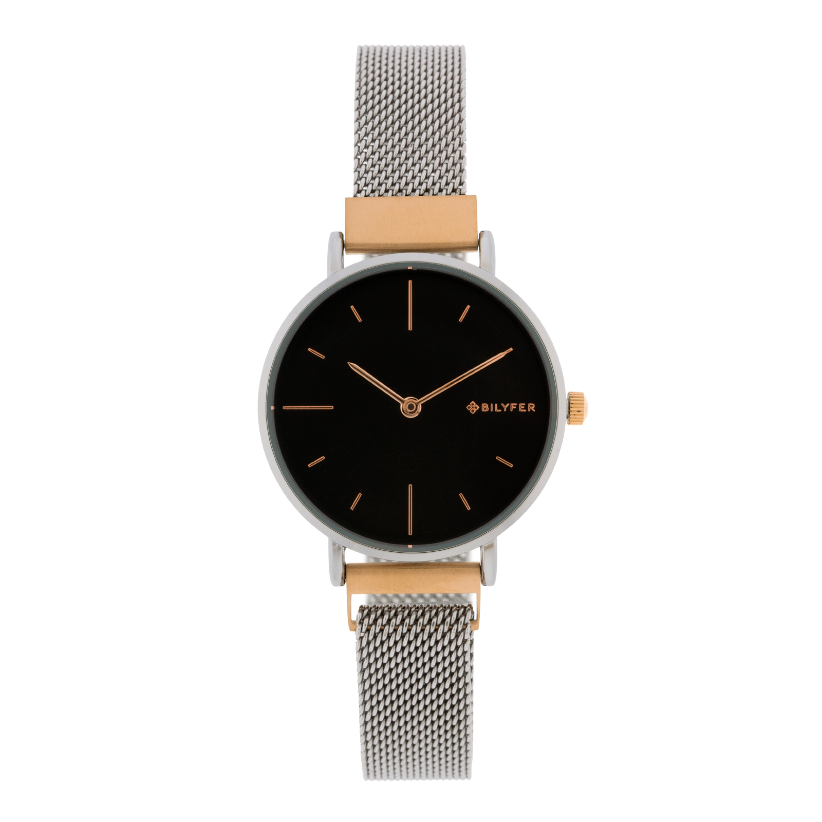 RELOJ PLATEADO32MM íNDICES ORO ROSA EFERA NEGRA CIERRE IMÁN