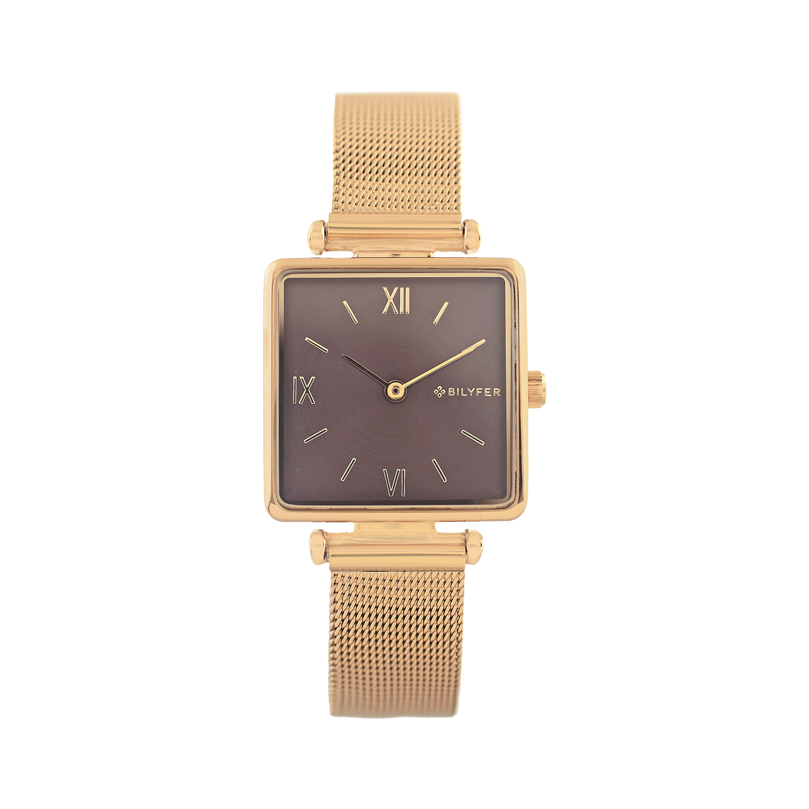 RELOJ CUADRADO CON NÚMEROS ROMANOS Y MALLA DE ACERO