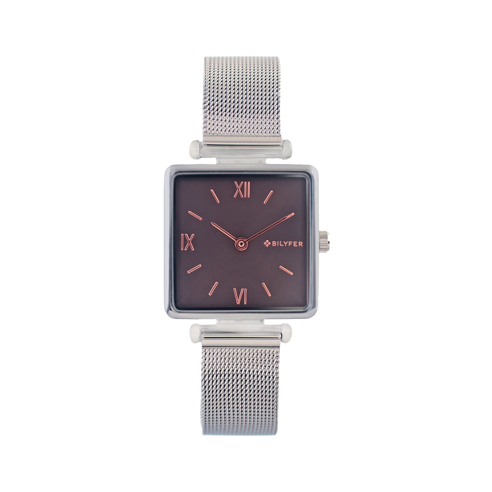 RELOJ CUADRADO CON NÚMEROS ROMANOS Y MALLA DE ACERO