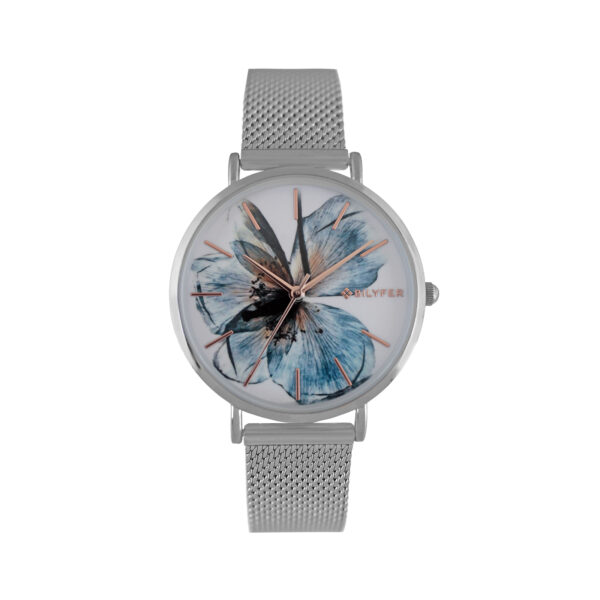 WATCH WITH STEEL MESH WITH LILAC FLOWER IN THE DIAL