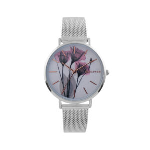 WATCH WITH STEEL MESH WITH PINK FLOWER IN THE DIAL