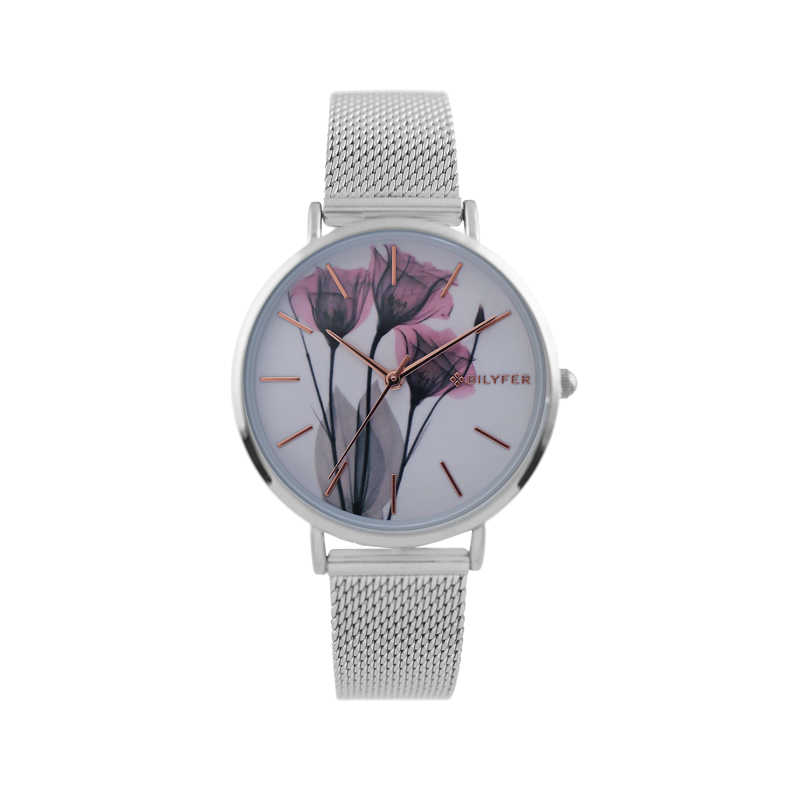 RELOJ CON MALLA DE ACERO CON FLOR ROSA EN LA ESFERA