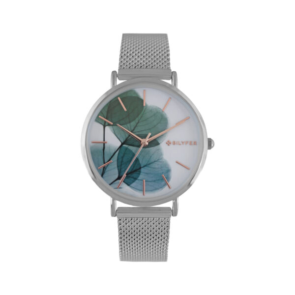 WATCH WITH STEEL MESH WITH GREEN FLOWER ON THE DIAL