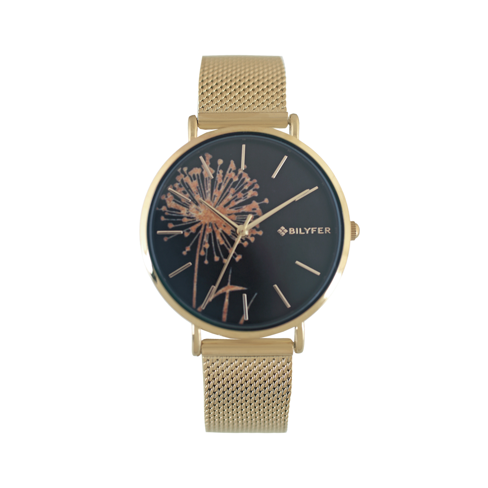 RELOJ DE MALLA DE ACERO CON ÍNDICES Y FLOR DE LOS DESEOS