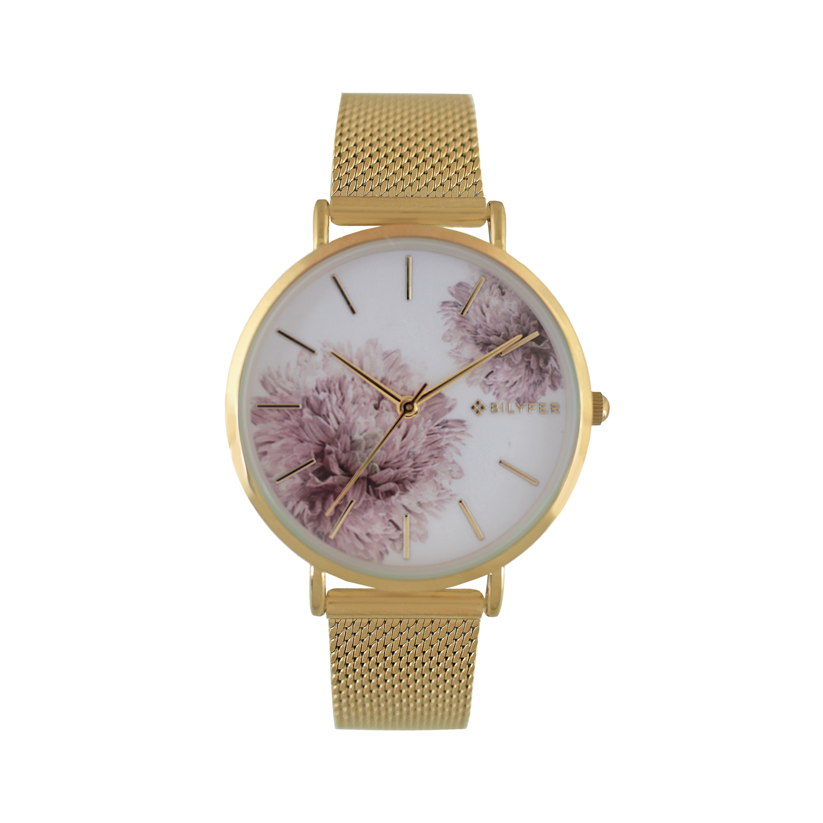 RELOJ DE MALLA DE ACERO CON ÍNDICES Y FLOR DE DALIA