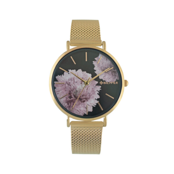 STEEL MESH WATCH WITH INDEXES AND DAHLIA FLOWER