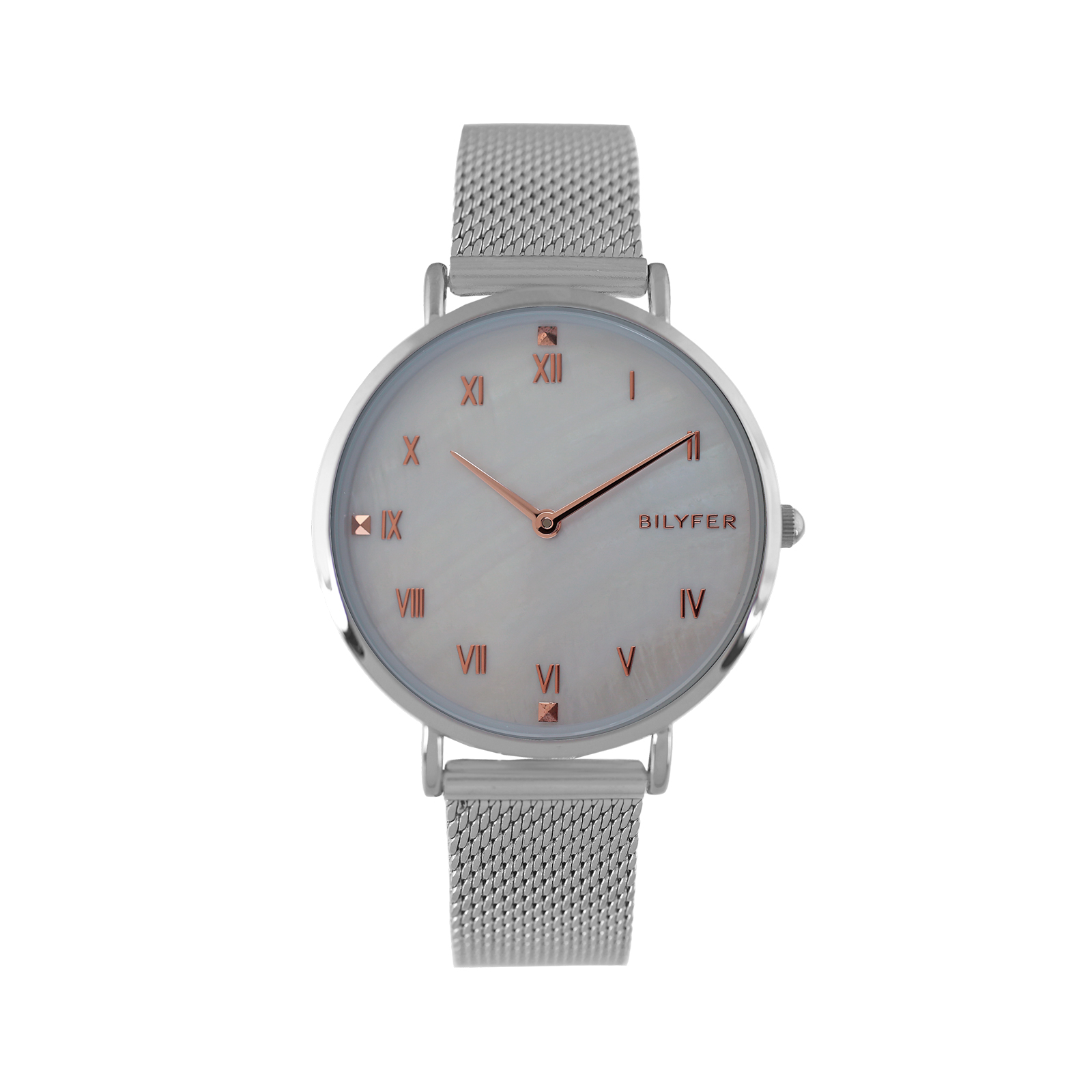RELOJ CON ESFERA MADREPERLA Nº ROMANOS MALLA DE ACERO