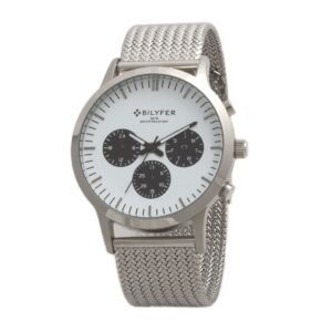 Multifunction watch with steel case and mesh, white dial with small blue dials