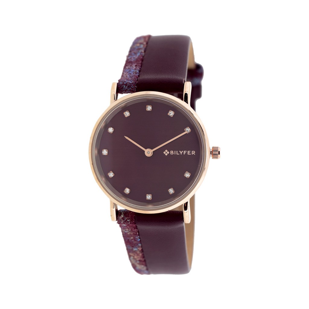RELOJ DOBLE CORREA PIEL VERTICAL &PIEDRAS ESFERA GRANATE ROJO