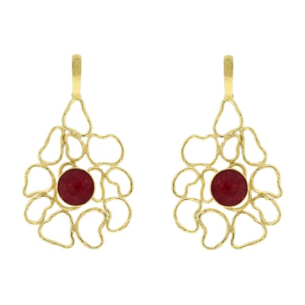 PENDIENTE ROJO FILIGRANA CHAPADO ORO Y JADE ROJO.
