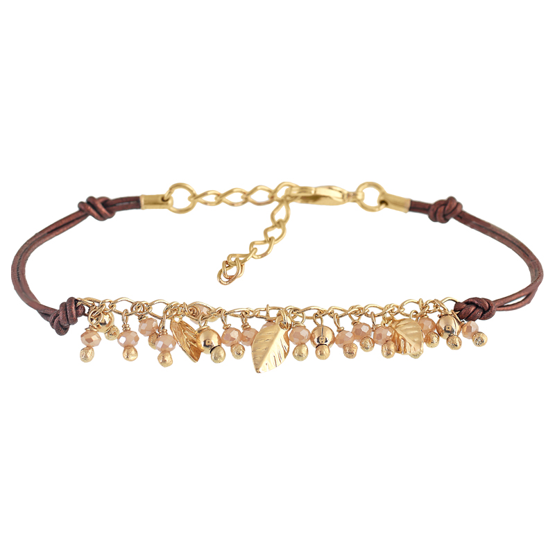 PULSERA REGULABLE CON CUERO Y CRISTAL CHAPADO ARTESANAL
