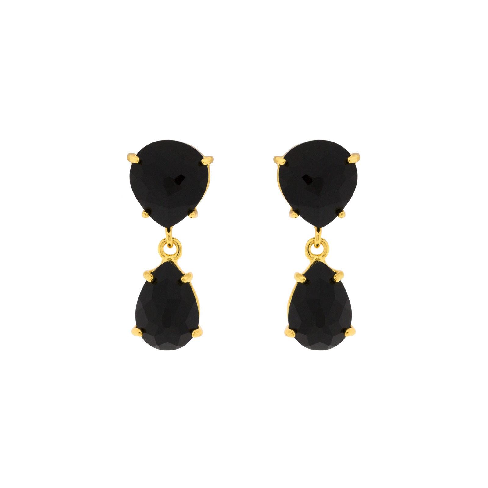 PENDIENTE NEGRO DOBLE LAGRIMA CHAPADO ORO CRISTAL FACETADO