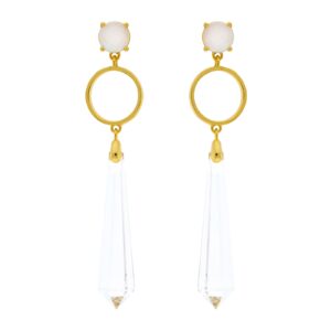 PENDIENTE BLANCO CHAPADO ORO CRISTAL FACETADO Y ARO METAL