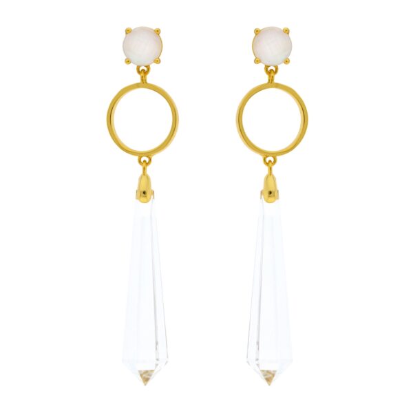 PENDIENTE BLANCO CHAPADO ORO CRISTAL FACETADO Y ARO METAL