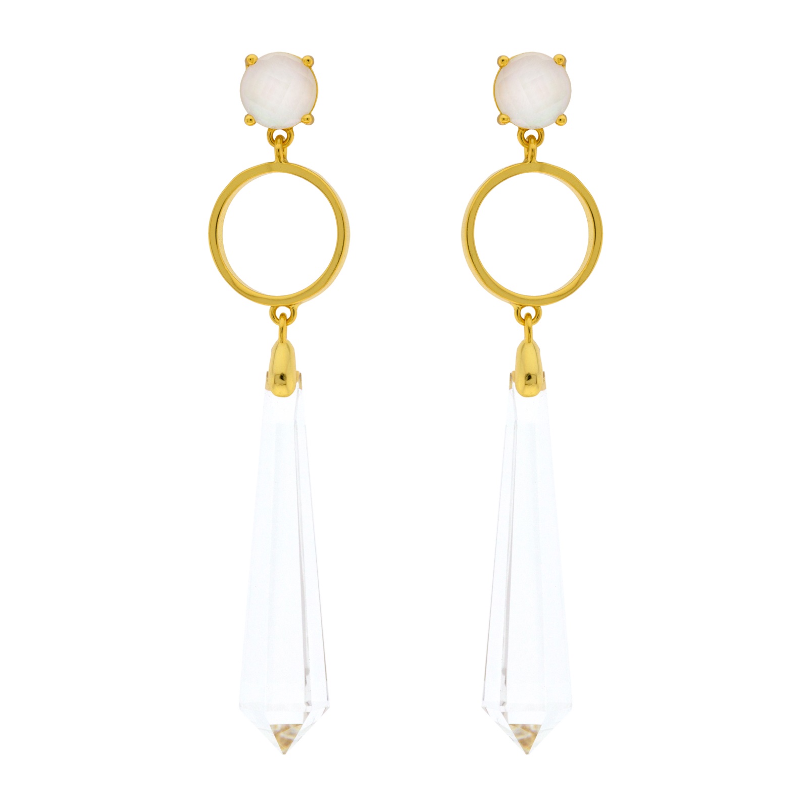 PENDIENTE BLANCO CHAPADO ORO CRISTAL FACETADO Y ARO METAL