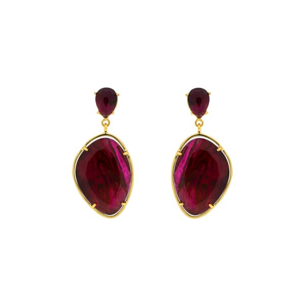 PENDIENTE FUCSIA CHAPADO ORO MADREPERLA Y CRISTAL FACETADO
