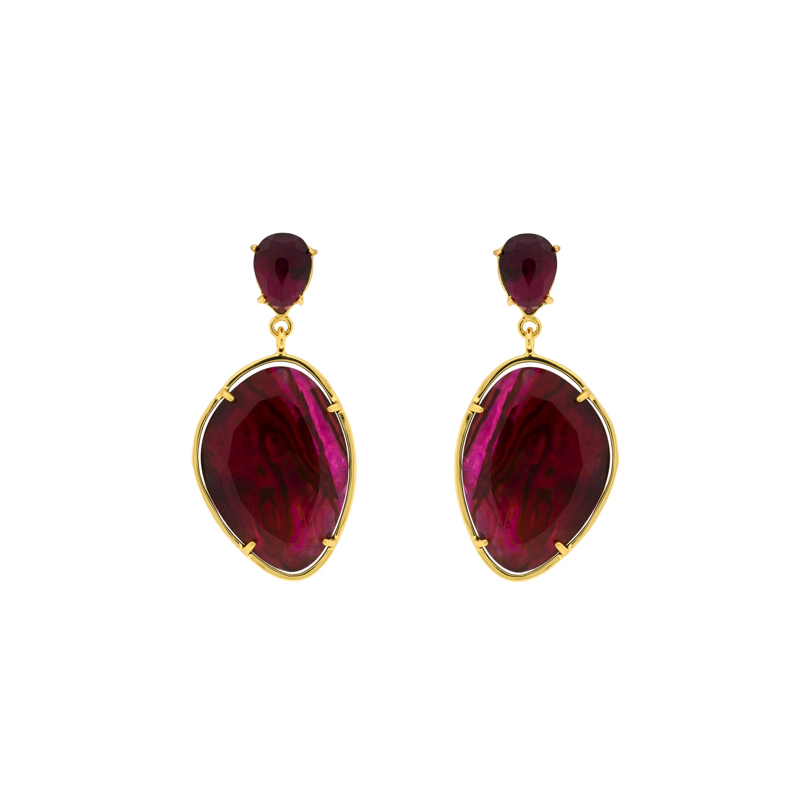 PENDIENTE FUCSIA CHAPADO ORO MADREPERLA Y CRISTAL FACETADO