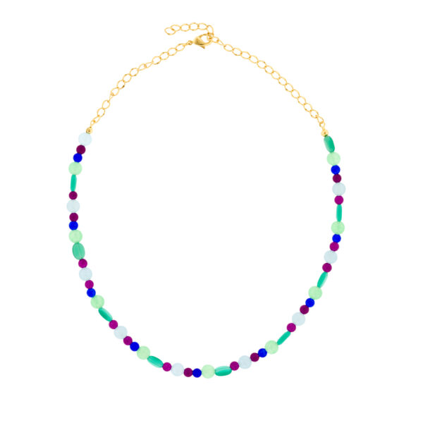Collar fucsia multicolor con cristal facetado 45 +7cm extensión chapado oro
