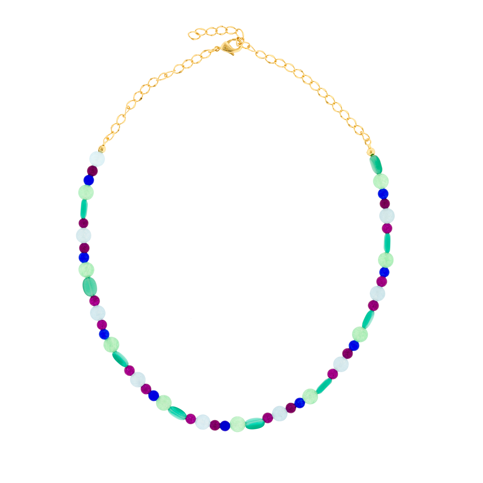 Collar fucsia multicolor con cristal facetado 45 +7cm extensión chapado oro