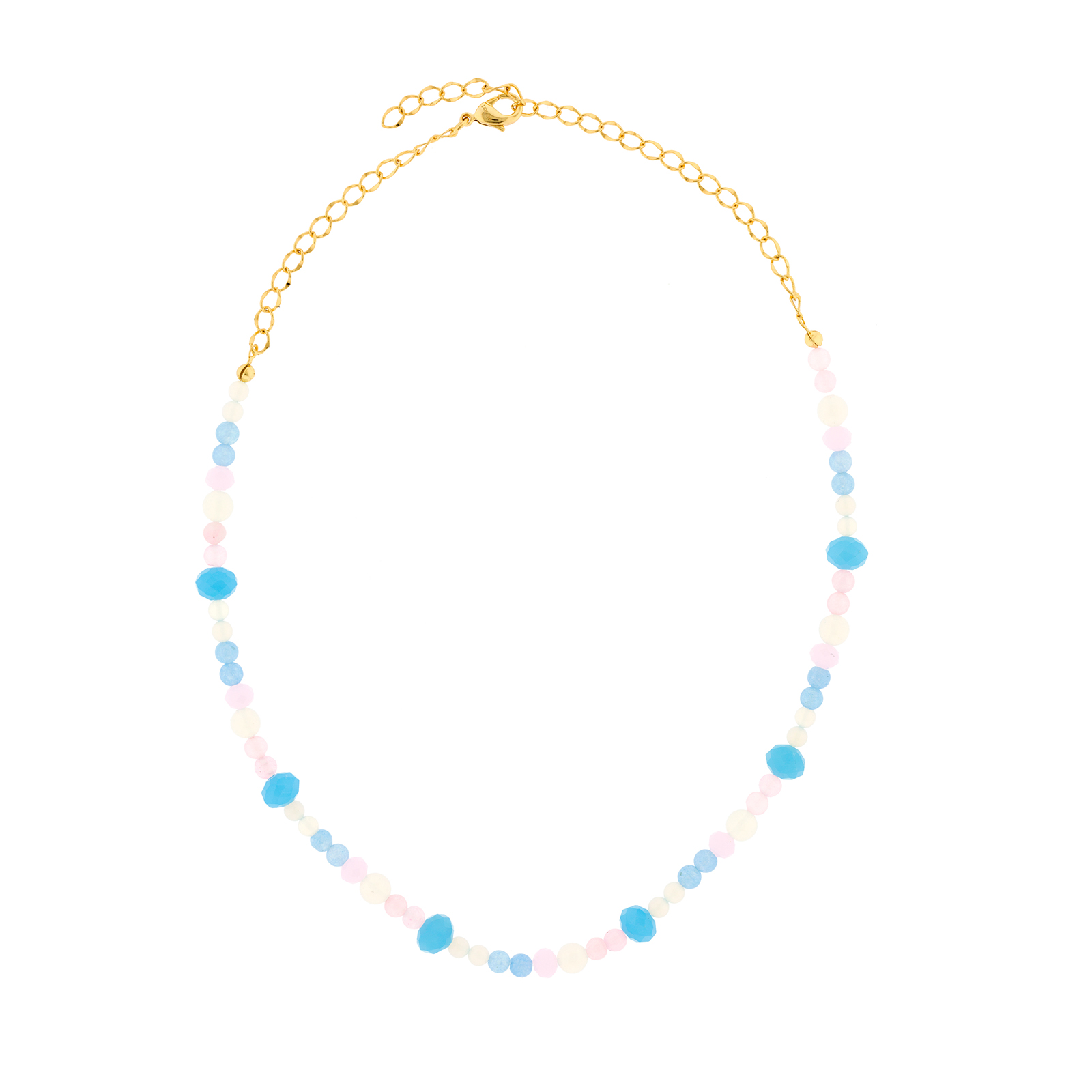 Multicolor pink necklace with faceted crystal and gold plated 45 + 7cm extension