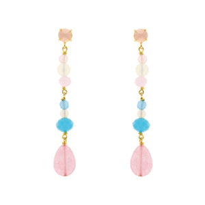 Long pink multicolored gold plated crystal earring 6.5cm long