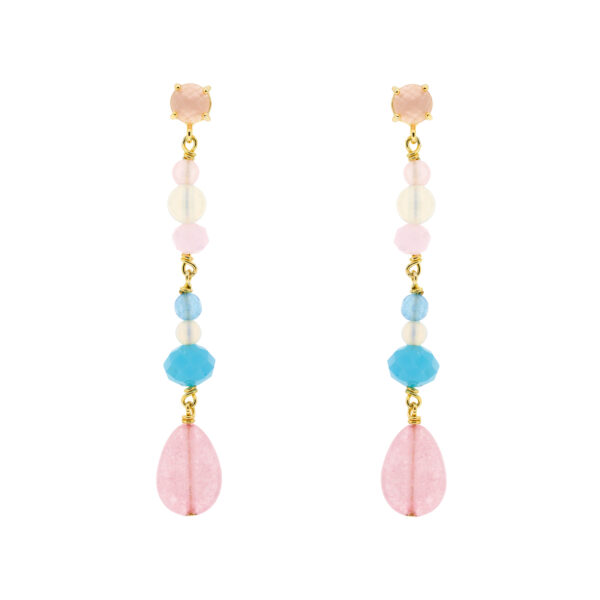 Pendiente largo rosa multicolor cristal chapado oro 6'5 cm largo