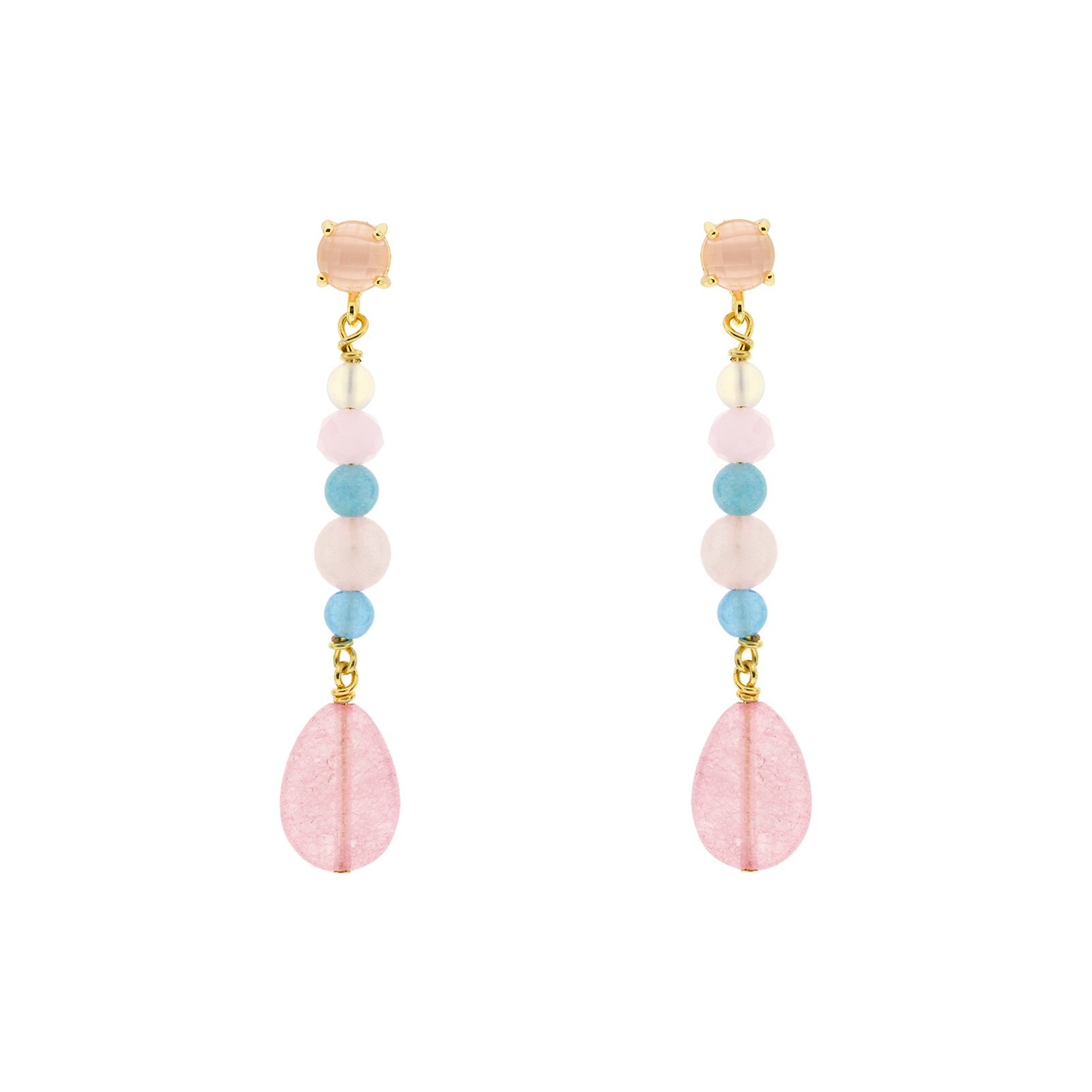 Pendiente corto rosa multicolor cristal chapado oro 5cm largo