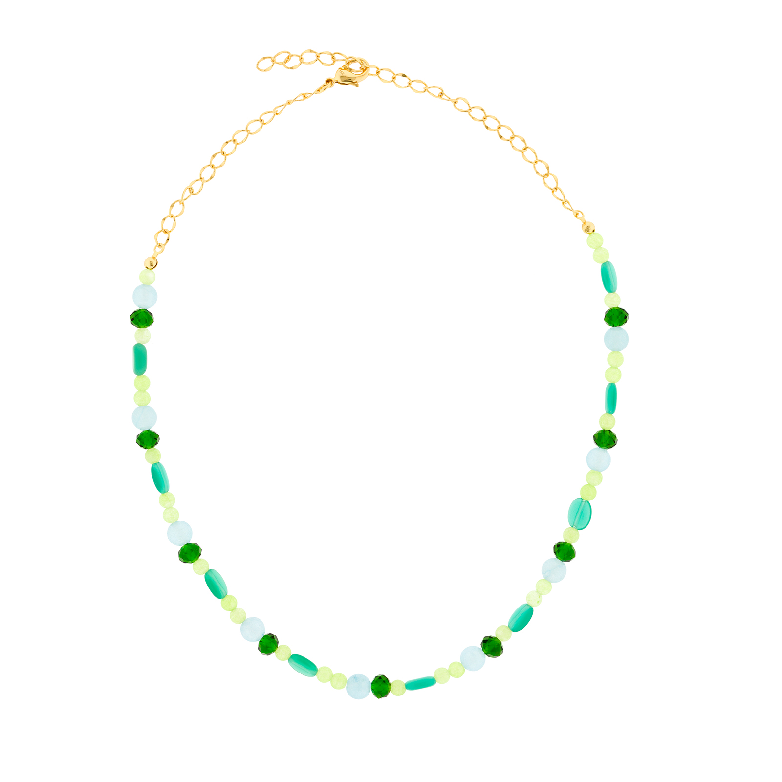Collar verde multicolor multicolor con cristales facetados 45 +7cm extensión chapado oro