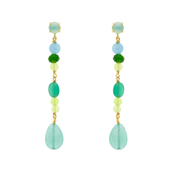Pendiente largo verde multicolor con cristales facetados chapado oro 6'5cm largo