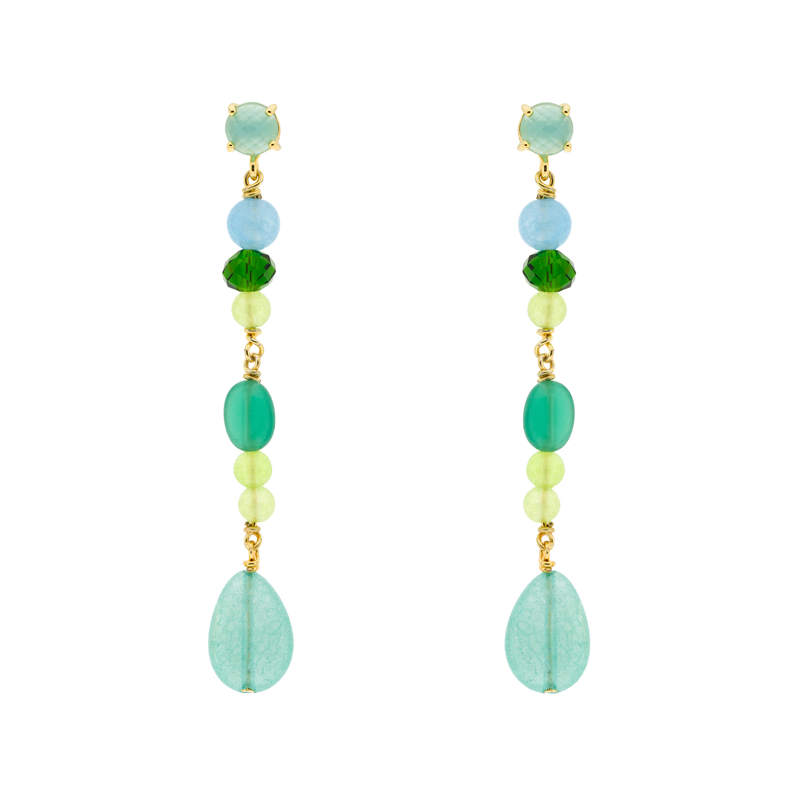 Pendiente largo verde multicolor con cristales facetados chapado oro 6'5cm largo