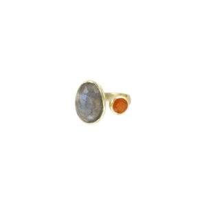 UNIVERSAL SIZE RING GOLD PLATED LABRADORITE STONE WITH ORANGE JADE