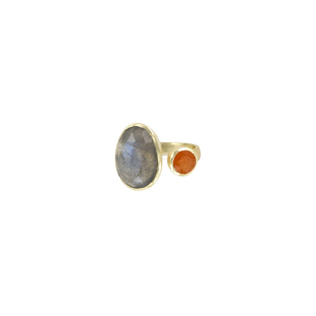 UNIVERSAL SIZE RING GOLD PLATED LABRADORITE STONE WITH ORANGE JADE