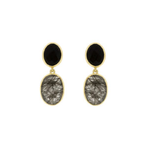 GOLD PLATED NATURAL STONE ONYX AND CRYSTAL EARRING
