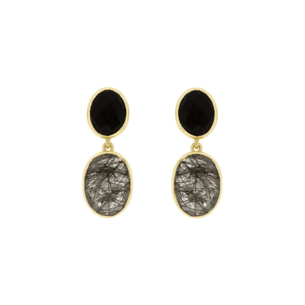 Pendiente negro chapado en oro y piedra natual