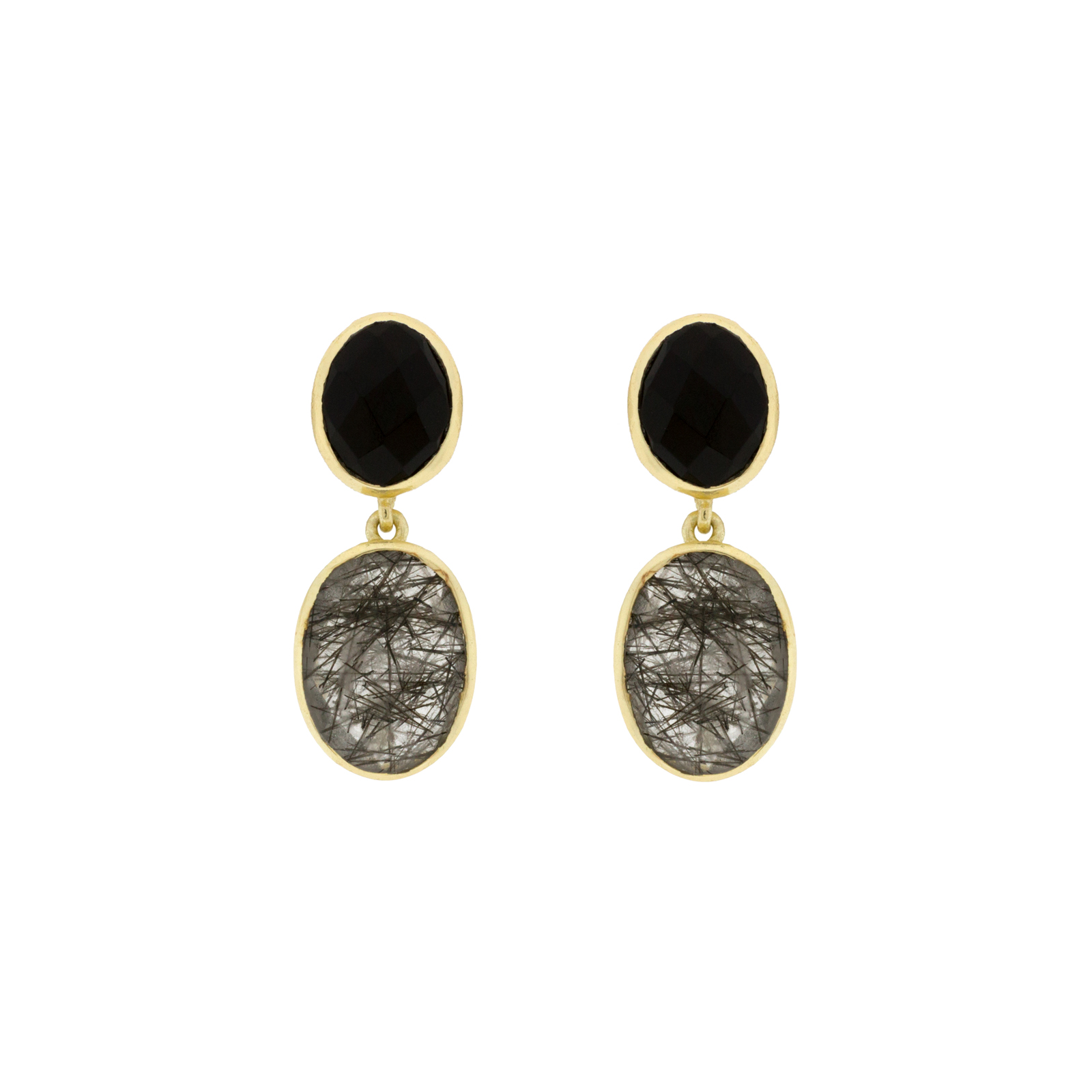 Pendiente negro chapado en oro y piedra natual
